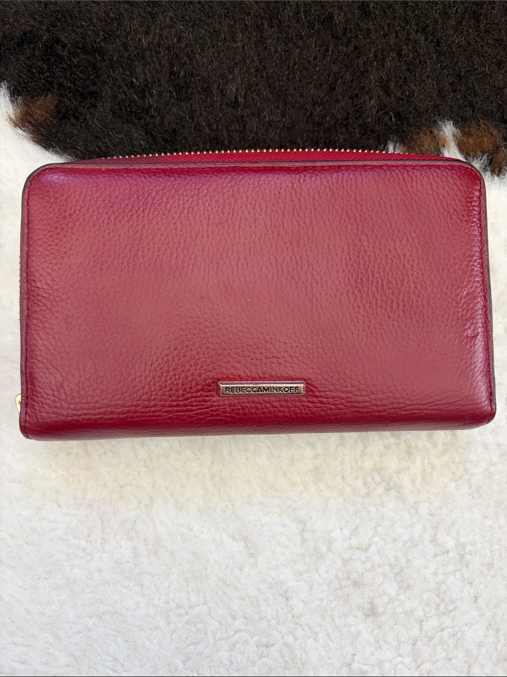 Rebecca Minkoff Burgundy Pebble Leather Wallet with Gold Logo